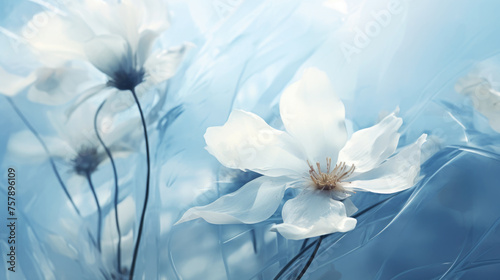 Ethereal Blue Anemones flowers in Soft Blurred floral Background, copy space