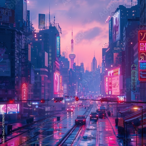 A futuristic cityscape at twilight, with neon lights and holographic billboards. --stylize 250 Job ID: d4aa6cbd-ec89-4fad-9958-2787d5ce320f