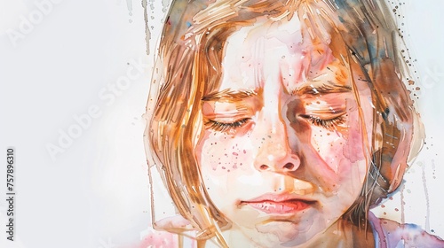Watercolor Artwork of a Girl with Freckles, Tears, and a Pink Shirt Generative AI