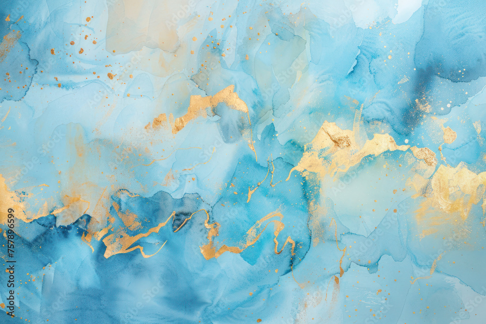 Abstract Aqua and Gold Watercolor Texture. A fluid watercolor texture blending aqua and gold, evoking the ethereal beauty of a serene seascape speckled with golden highlights.
