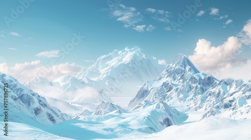 Majestic snow-capped peaks pierce a clear blue sky in this panoramic winter landscape