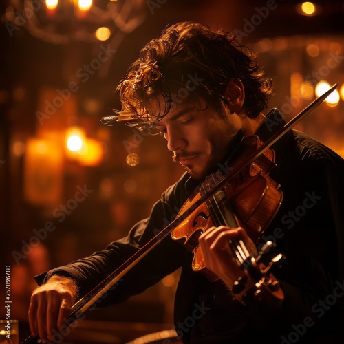 A musician playing a violin on a dimly lit stage, deeply engrossed in the music. 