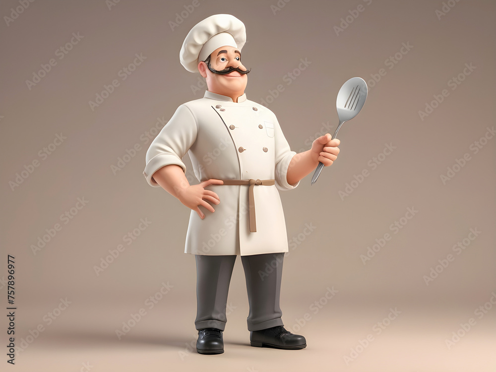 Naklejka premium 3d rendered chef cook holding cooking kitchenware utensil tool on a solid background with uniform