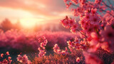 Spring Easter sunrise with pink cherry blossom in meadow 