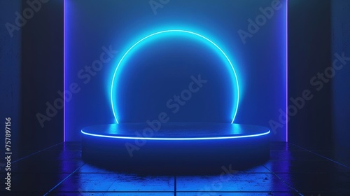 Stage illuminated by blue lights depicts a dramatic scene