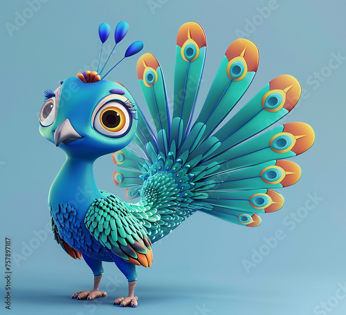 3d cartoon design cute character of a peacock photo, generative ai