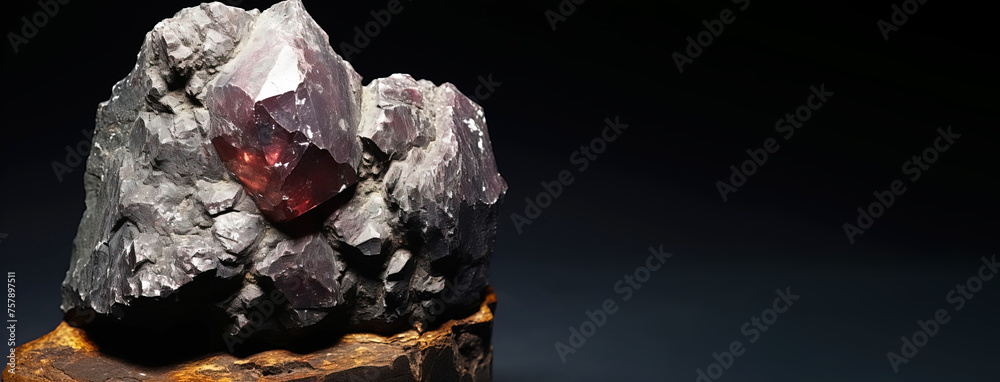 Delafossite is a rare precious natural stone on a black background. AI generated. Header banner mockup with space.