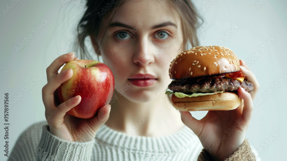 A woman chooses between a hamburger and an apple. A woman chooses between a hamburger and an apple.
