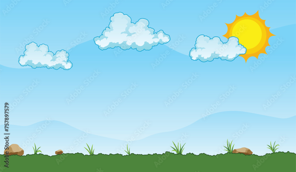 Summer landscape with green grassy field under a clear blue sky with white clouds and shining sun - vector illustration