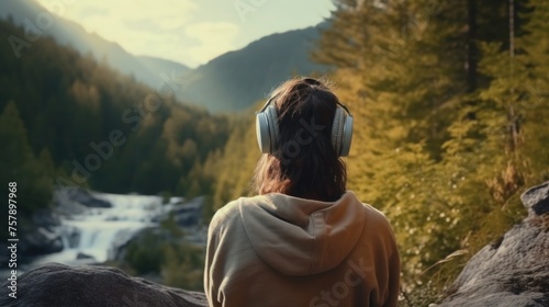 Music therapy, harmony, mental health concept. Pretty young woman enjoying music with headphones outdoors. Woman wearing headphones enjoying music and good vibes 