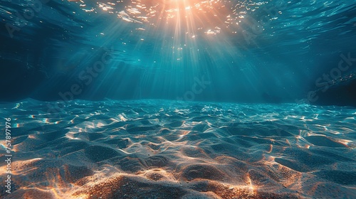 Seabed sand with blue tropical ocean above, empty underwater background with the summer sun shining brightly, creating ripples in the calm sea water
