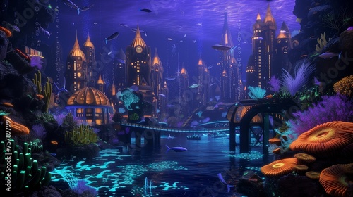 An underwater city lit by bioluminescent coral and fish