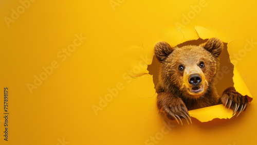 An engaging image of bear paws breaking through a yellow surface, suggesting themes of breaking free or overcoming barriers photo