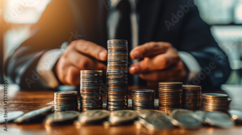 Businessmen piles up coins, gold or bronze coins on the table