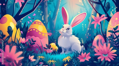 Easter graphics, bunnies and Easter eggs, mushrooms, flowers, magical world.