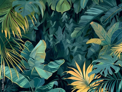 Vibrant Tropical Leaves Botanical on Dark Green Background