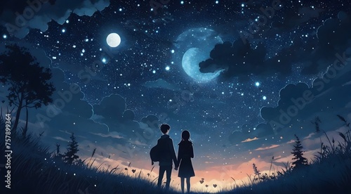 Couple in love looking at night sky with stars.