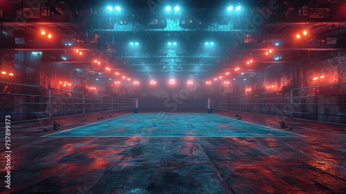 A photograph capturing the grandeur of a large, unoccupied wrestling ring under the intense glow of bright lights.