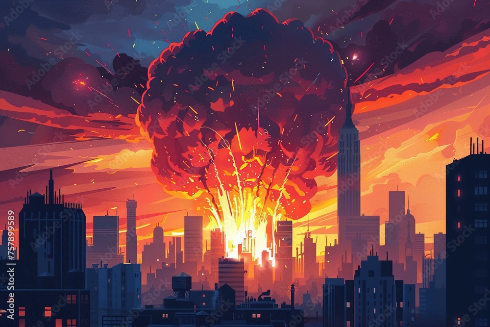 Explosion of nuclear bomb in the city. end of world illustration. Nuclear war threat concept - obrazy, fototapety, plakaty 