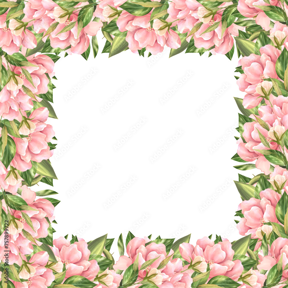Frame with pink flowers. Floral background.