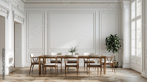 Entrance Of Dining Room With Dining Table Chairs And Empty White Wall In Background