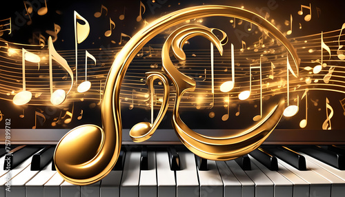 tanzende goldene Musik Noten auf dynamisch bewegten Zeilen im Raum schwingend mit einem Musikinstrument Klavier Piano Tasten Rhythmus Melodie und Stimmung Hintergründe Vorlagen Kultur Konzert Radio 