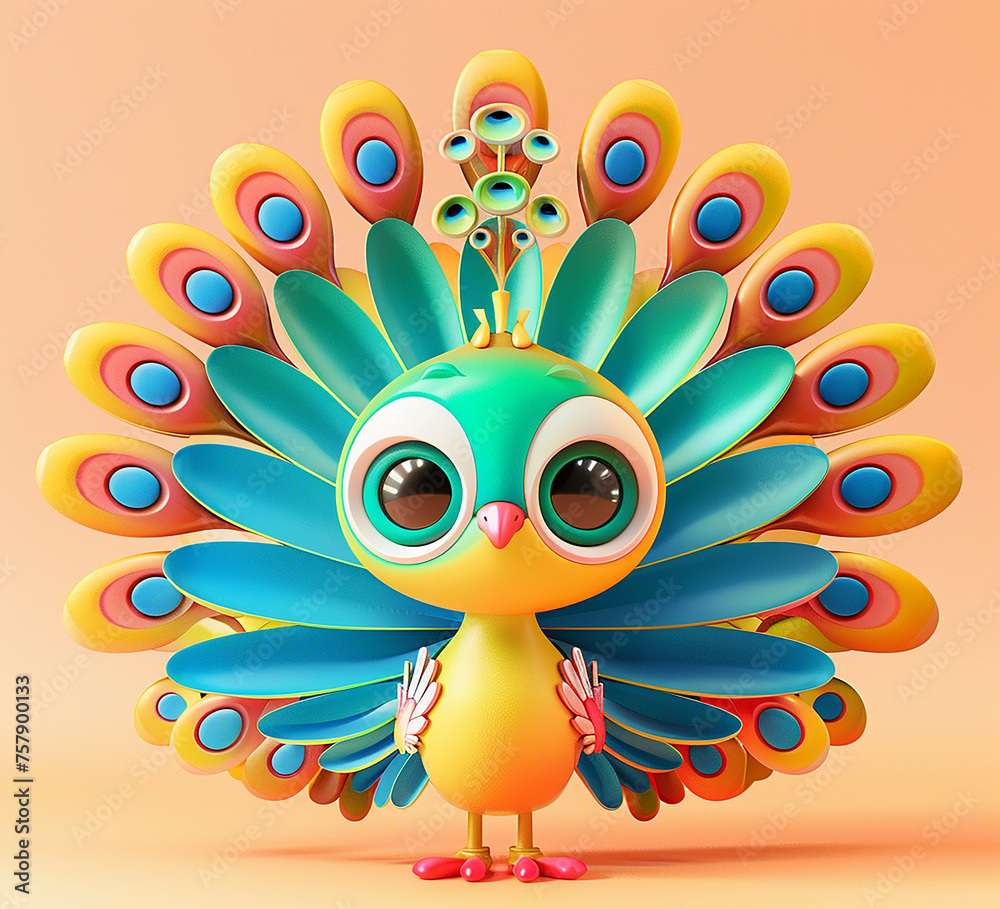 3d cartoon design cute character of a peacock photo, generative ai