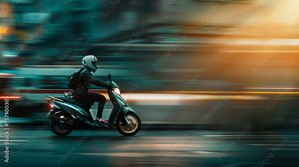 A motion-blurred image capturing a scooter rider commuting through the city with speed and agility.