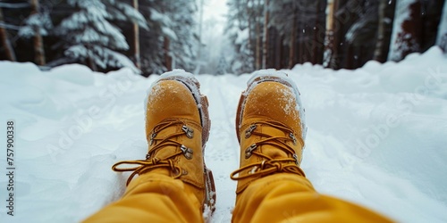 Person wearing yellow boots enjoys a snowy landscape, winter perspective.