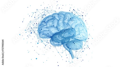 Blue Digital Wireframe of Brain in Plain Background, Wireframe, brain, blue