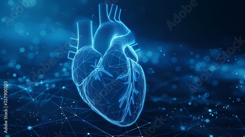Blue Digital Wireframe of Human Heart in Plain Background, Wireframe, human heart, blue
