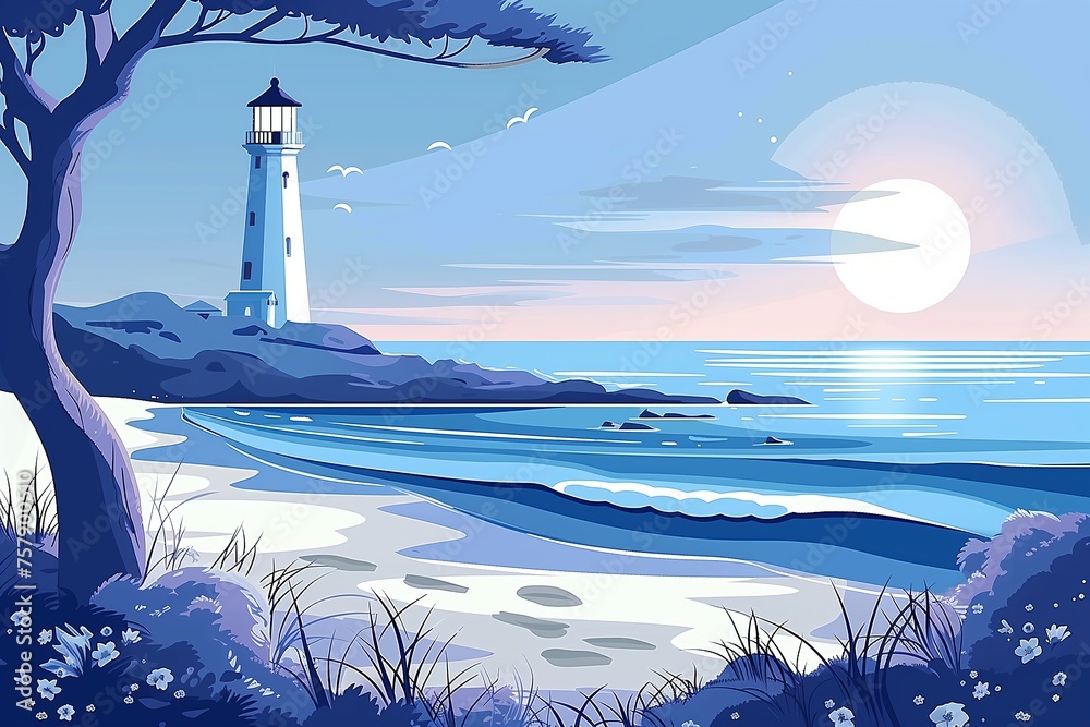 Serene Lighthouse Scene at Sunset - A Tranquil Illustration for Coastal Themes and Peaceful Retreats