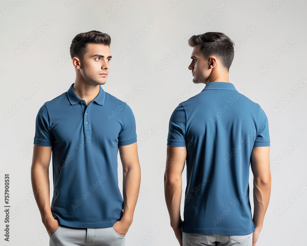 Front and back views of a man wearing a blue polo shirt mockup template Front and back views of a man wearing a blue polo shirt mockup template
