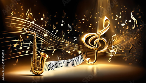 tanzende goldene Musik Noten auf dynamisch bewegten Zeilen im Raum schwingend mit einem Musikinstrument Saxophon Rhythmus Melodie und Stimmung Hintergründe Vorlagen Kultur Konzert Radio Auftritt Show photo