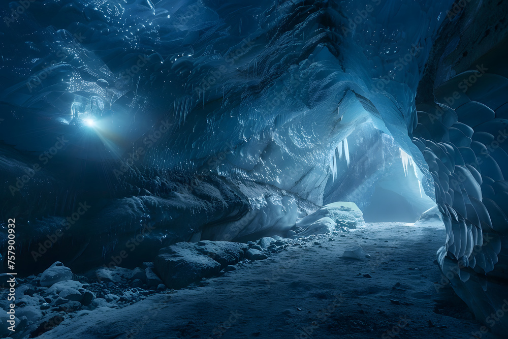 Magische Eiskunst: Entdeckung einer geheimnisvollen Eishöhle - obrazy, fototapety, plakaty 