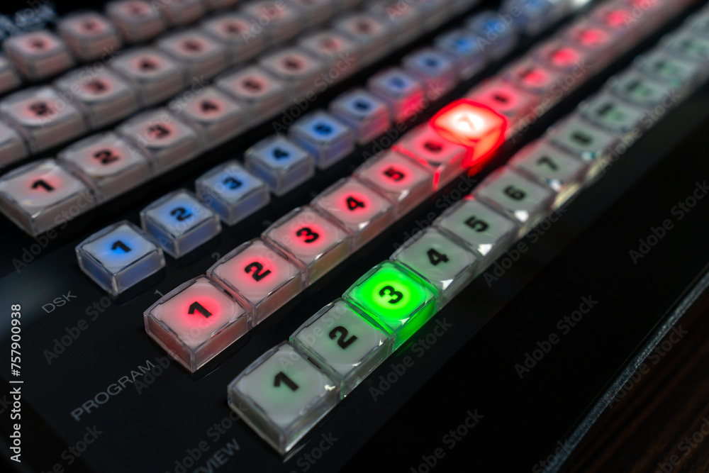 Video switch of Television Broadcast, working with video and audio mixer, control broadcasts in recording studio.