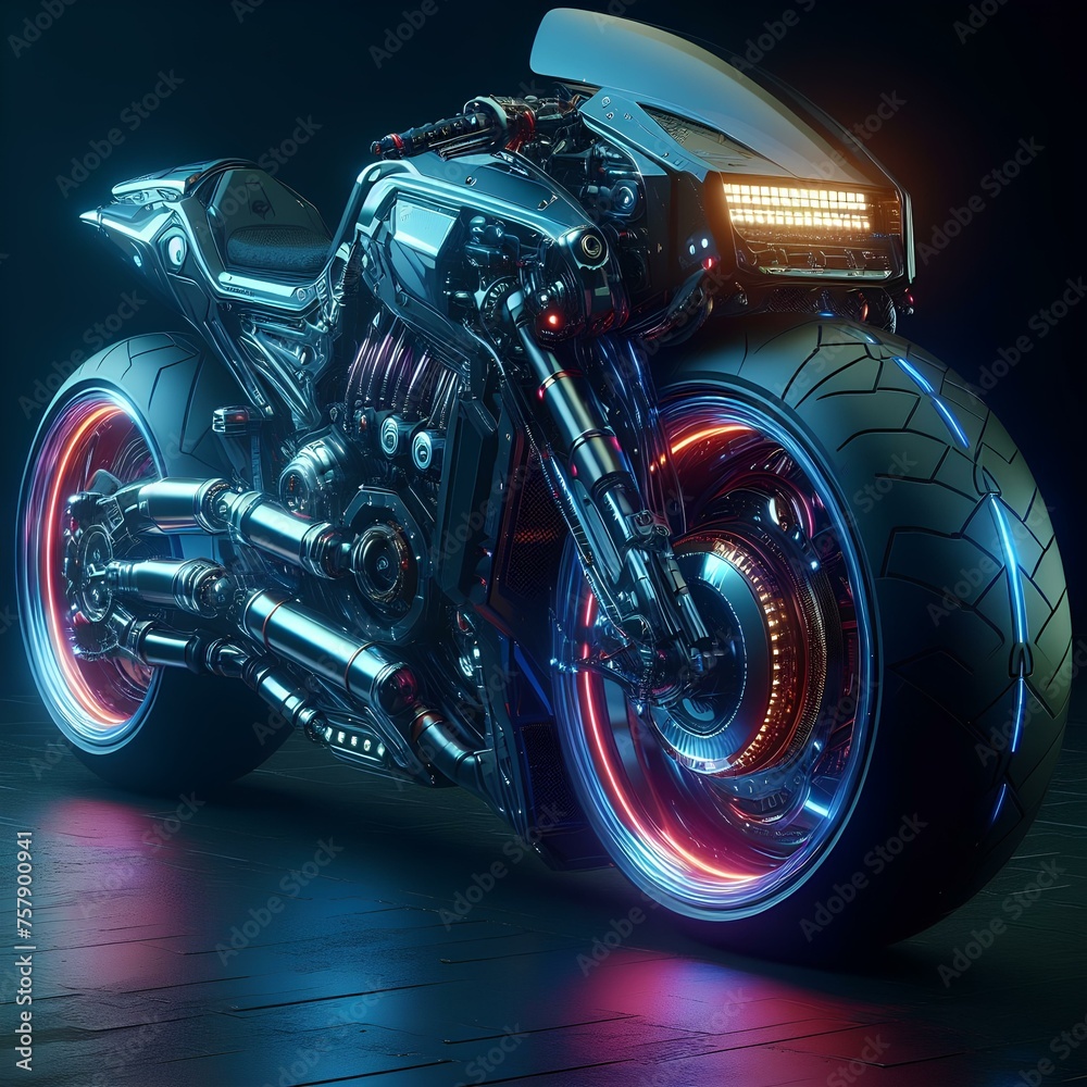 Realistic cyberpunk motorbike in dark mood. Big vehicle bike with cool futuristic design.