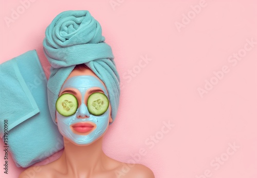 Beauty and Spa Concept with Woman Wearing Face Mask and Cucumber Slices - Perfect for Beauty and Health Themes, with copy space © Rade Kolbas