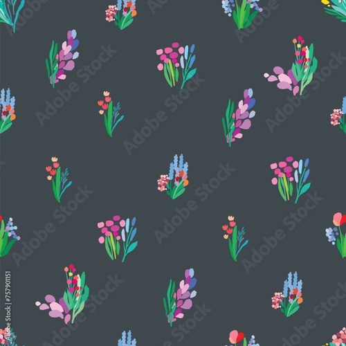 a seamless pattern of colorful flowers and leaves on a dark background