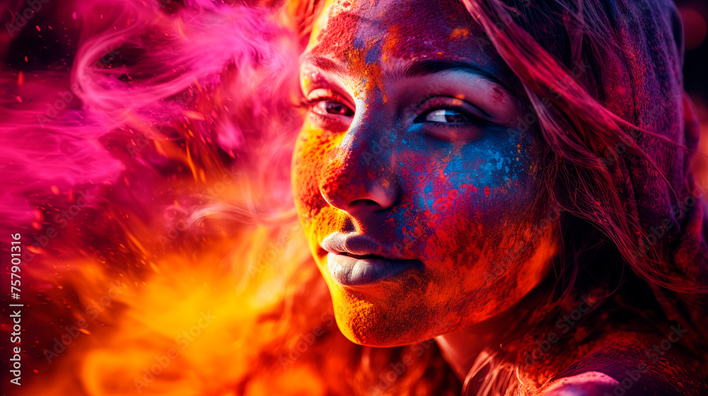 Portrait of a Girl in Colors. Colorful Spring Festival. Holi Festival Celebration. Generative AI. 