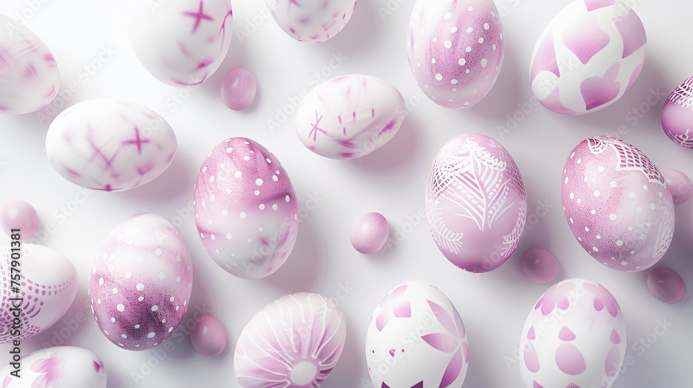 Top view Easter background with Easter eggs painted with a gradient with lace ornaments in pastel pink and lilac colors. on a white background with space for text