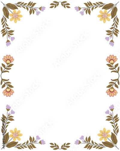 Postcard or poster made from folk art elements. Folk vector illustration, floral frame on white background. Hand drawn folk flowers. Scandinavian traditional motif