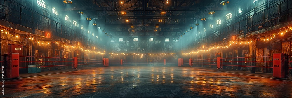 A large room illuminated by numerous lights featuring a striking boxing ring.
