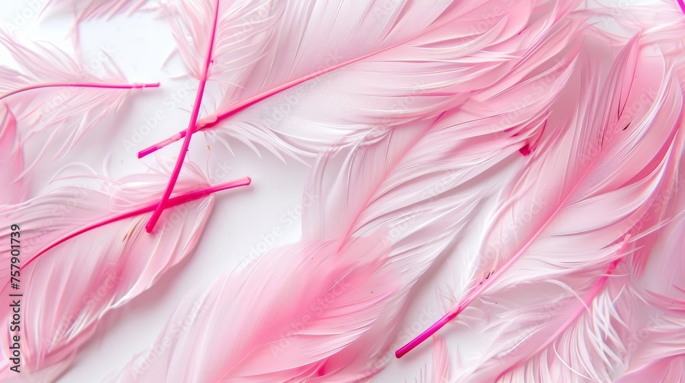 Fototapeta premium Pink feathers on white background. Template for banner background.