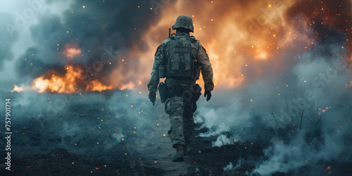 soldier crosses destroyed war zone through fire and smoke in the desert poster