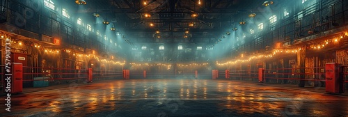 A large room illuminated by numerous lights featuring a striking boxing ring.