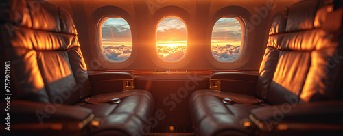 first class business luxury seats for vacations or corporate airplane travel with copy space area wide banner