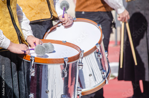 partial view of percussionists at an event of traditional music in Galicia. Folk parade