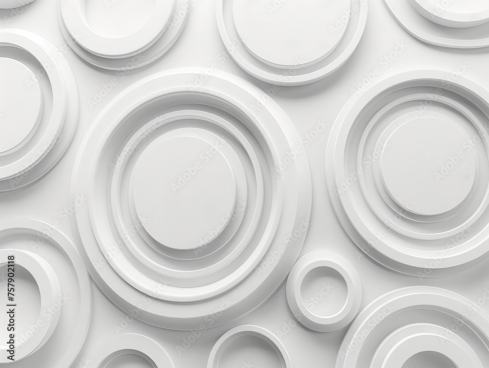 An assortment of white plates in various sizes organized in a clean, modern pattern against a white background.