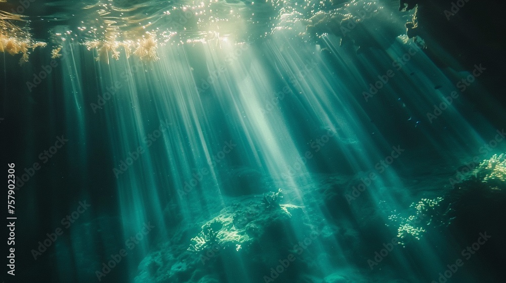 Underwater Scene Illuminated by Beams of Light Filtering, Underwater scene, beams of light, filtering